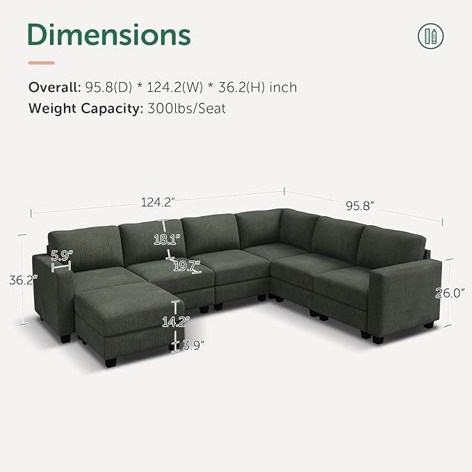 HONBAY Corduroy Sectional Sofa with Storage, U Shape Modular Sectional Sofa with Chaise, Modular Couches for Living Room, Green