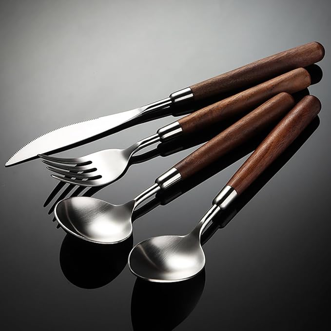 Wood Silverware Set for 6 GULSARAYI Cutlery Set 18/8 Stainless Steel Flatware Set with Walnut Handle 24 Piece Wooden Flatware Set Utensils Set for Home Kitchen Restaurant Forks Spoons And Knives Set