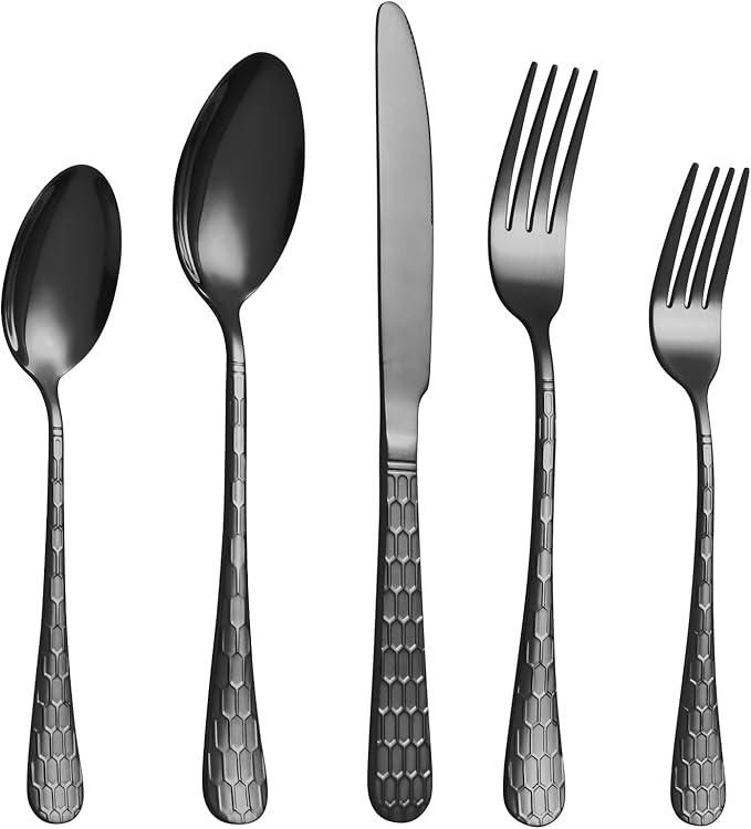 20 Pcs Black Silverware Set for 4 with Water Cube Handle design, Food Grade Stainless Steel Flatware Set, Eating Utensils Sets Include Fork/Knife/Spoon, Reusable Cutlery Set, Dishwasher Safe