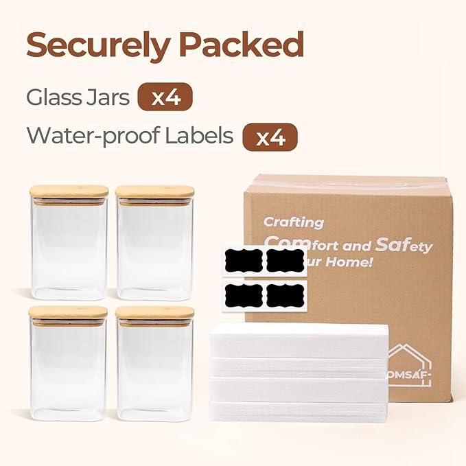 ComSaf 1.2 Qt Rectangle Glass Storage Containers with Lids, Glass Jars with Bamboo Lids, Clear Food Storage Jar, Sugar Coffee Containers, Pantry Container for Pasta Tea Candy Nut