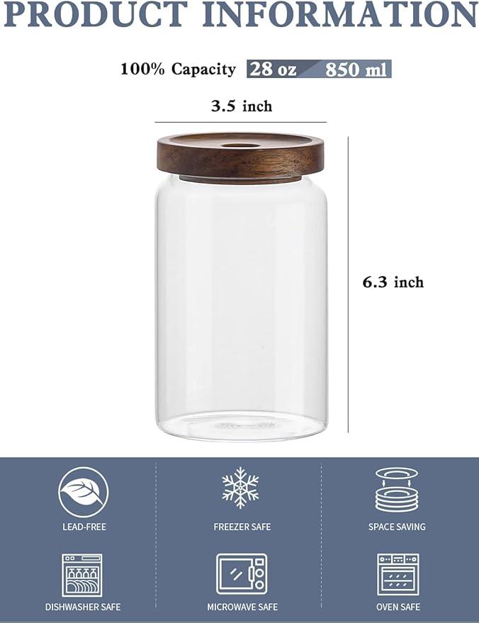 Kanwone Glass Storage Containers Set of 6, 28 Ounce Airtight Food Storage Containers with Bamboo lids, Clear Glass Jars for Pantry, kitchen, Flour, Sugar, Tea, Coffee, Snack, Cookies, Spice and Herbs