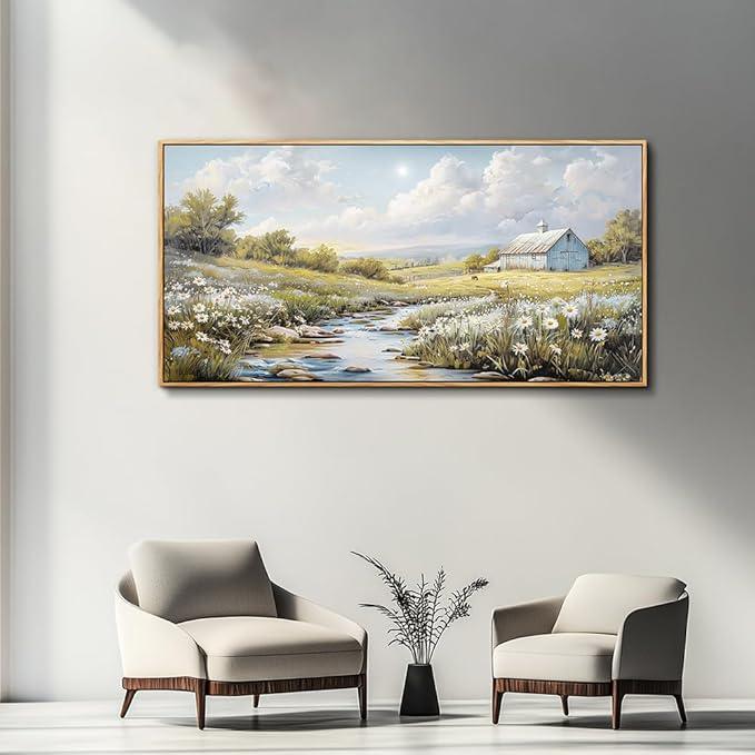 PHAOHUAXM Wall Art For Living Room Large Canvas Wall Decor For Bedroom Flower Watercolour Painting Office Decoration Countryside Scenery Mural Artwork Ready To Hang Home Decor 24x48 In Wood Framed