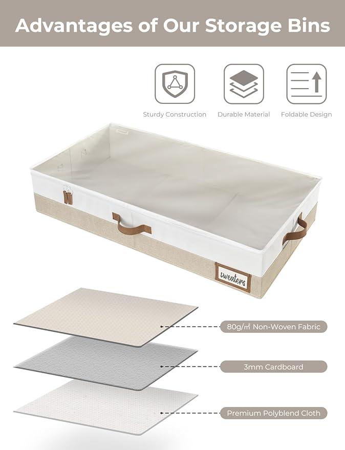 StorageWorks Large Under Bed Storage Containers with Handles and Label Holder, 2 Pack Ultra-thick Fabric Underbed Bins, Closet Organizer for Clothes, Blankets, Sweater