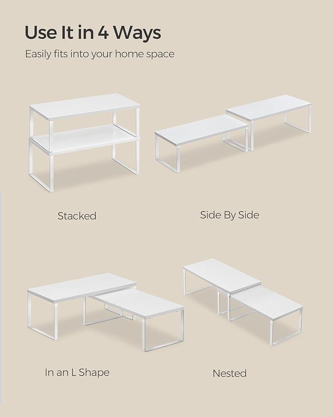 SONGMICS Cabinet Organizer Shelf, Set of 2 Kitchen Counter Shelves, Kitchen Storage, Spice Rack, Stackable, Expandable, Metal and Engineered Wood, Cloud White and Snow White UKCS025W01