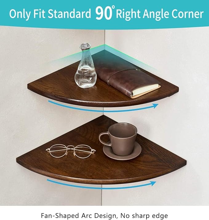 Corner Shelves, Floating Corner Shelf, Set of 2 16inch Solid Oak Wood Corner Wall Shelves, Round End with Wire Hole for Small Plant for Bedroom Kitchen, Living Room