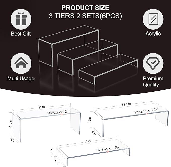 Acrylic Display Risers,12'' Large Display Stands, Thickened to 0.2''(5mm) Stackable Acrylic Shelves for Perfume Display, Clear Risers for Cupcake Stand,Pop Figurines,Tumbler,Food (Clear, 6PCS)