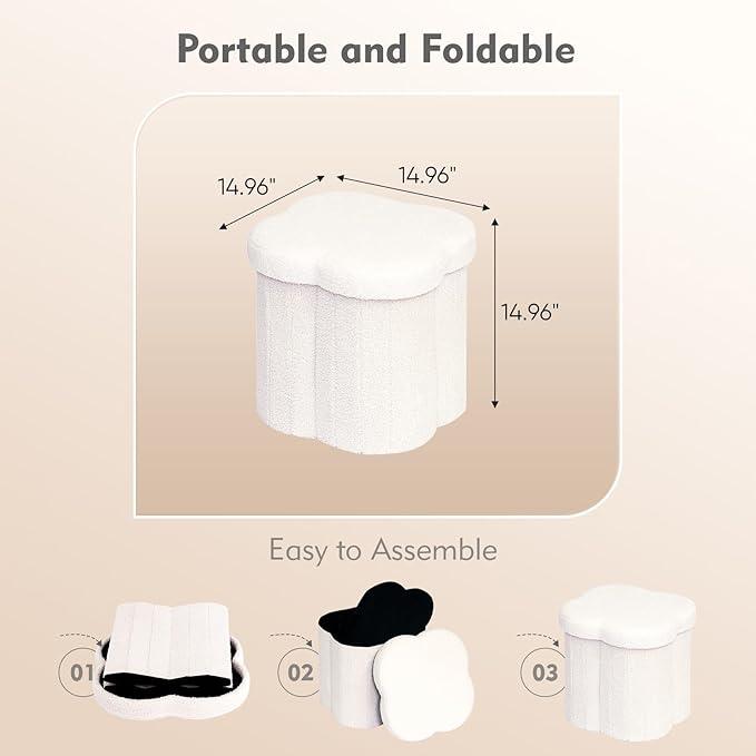B FSOBEIIALEO Storage Ottoman Cube, Flowers Shaped Ottomans with Storage Foot Stool Footrest, Boucle Ottoman Seat for Dorm Room, Faux Teddy Fur, Cream White 15