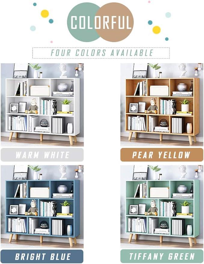 IOTXY Wooden Open Shelf Bookcase - 3-Tier Floorstanding Display Cabinet Rack with Legs, 8 Cubes Free Standing Bookshelf, Bright Blue