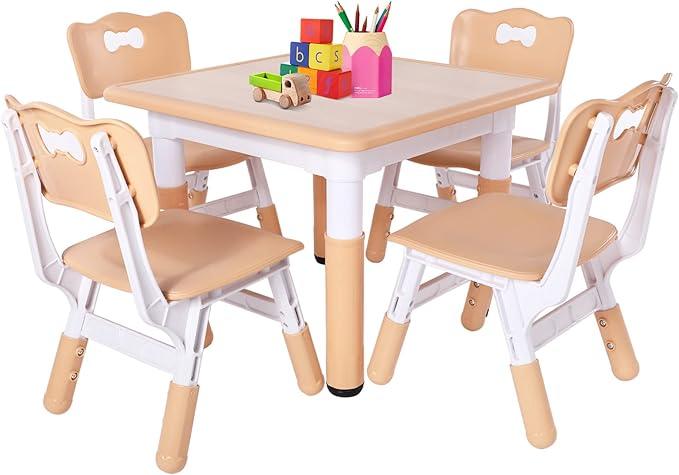 FUNLIO Kids Table and 4 Chairs Set, Height Adjustable Toddler Table and Chair Set for Ages 3-8, Easy to Wipe Arts & Crafts Table, for Classrooms/Daycares/Homes, CPC & CE Approved（5-Piece Set）