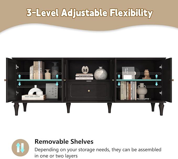 ARTPOWER 67'' Mid-Century Modern TV Stand with Storage Drawer and Doors, Long TV Stand with Adjustable Shelves for 75 Inch TV for Living Room, Bedroom, Black