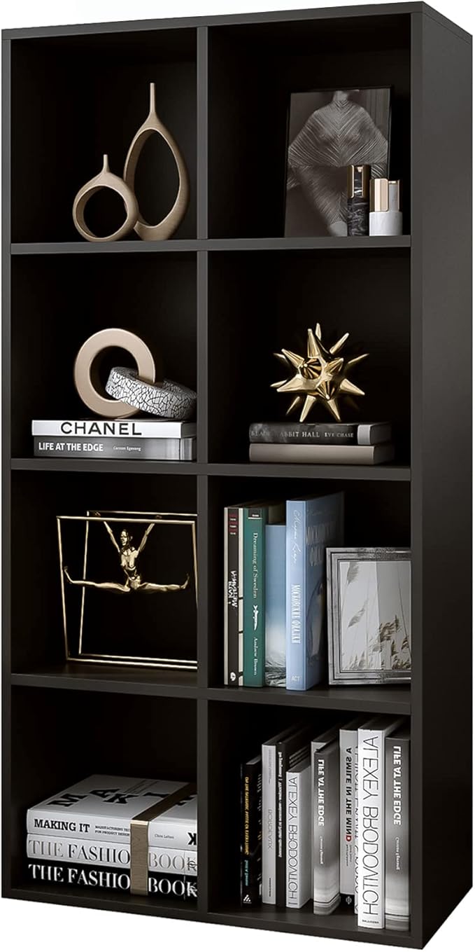 8-Cube Storage Shelf Bookcase - Wooden 4-Tier Floor Standing Open Bookshelf, Modern TV Stand up to 55 Inchs for Home and Office, Black