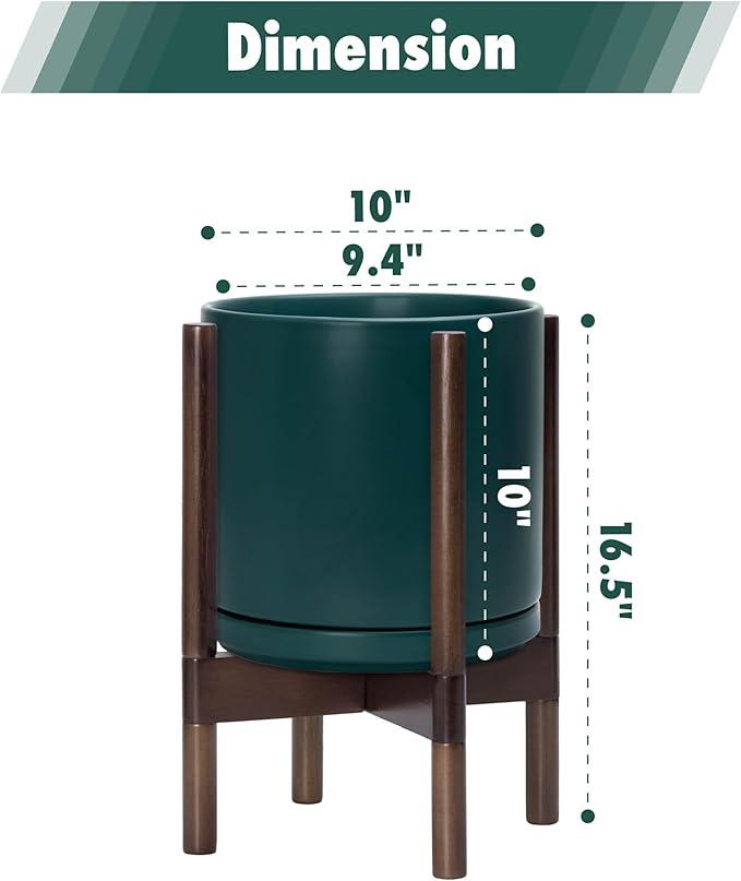 D'vine Dev Ceramic Planter with Walnut Color Stand - 10 Inch Modern Round Flower Pot with Wood Planter Holder, Teal, 55-B-X-4