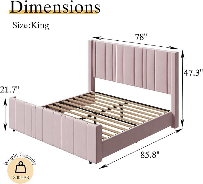 HOMBCK King Size Bed Frame and Headboard, Upholstered Bed with Vertical Channel Tufted Headboard & Footboard, Wooden Slats/Noise Free/No Box Spring Needed/Easy Assembly, Pink
