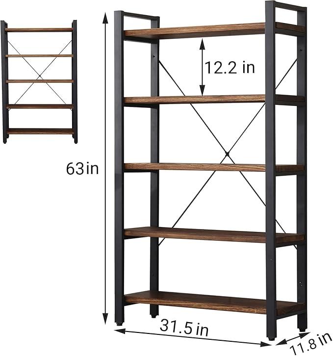 5 Tier Bookcase, Solid Wood Bookshelf Rustic Vintage Industrial Etagere Bookcase, Metal and Wood Free Vintage Bookshelf, Retro Brown (Real Wood) (5-Tiers)