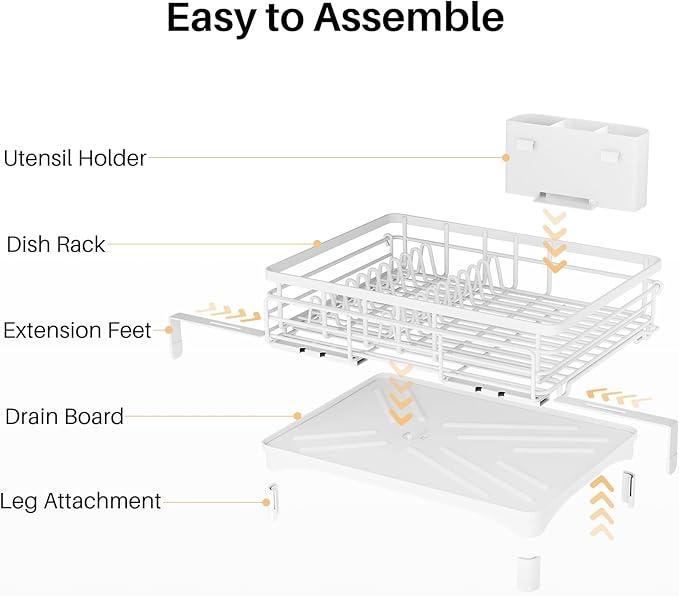Dish Drying Rack - Extendable Dish Rack, Large Sink Drying Dish Drainer for Kitchen Counter, Stainless Steel Dish Strainer with Utensil Holder (White)