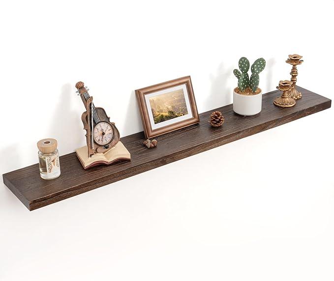 Floating Shelves for Wall Decor, 8 Inch Deep Rustic Solid Elm Wood Floating Shelves Wall Mounted, Wall Shelves with Invisible Bracket for Living Room Bathroom Bedroom Kitchen, 48 Inch Set of 1, Walnut