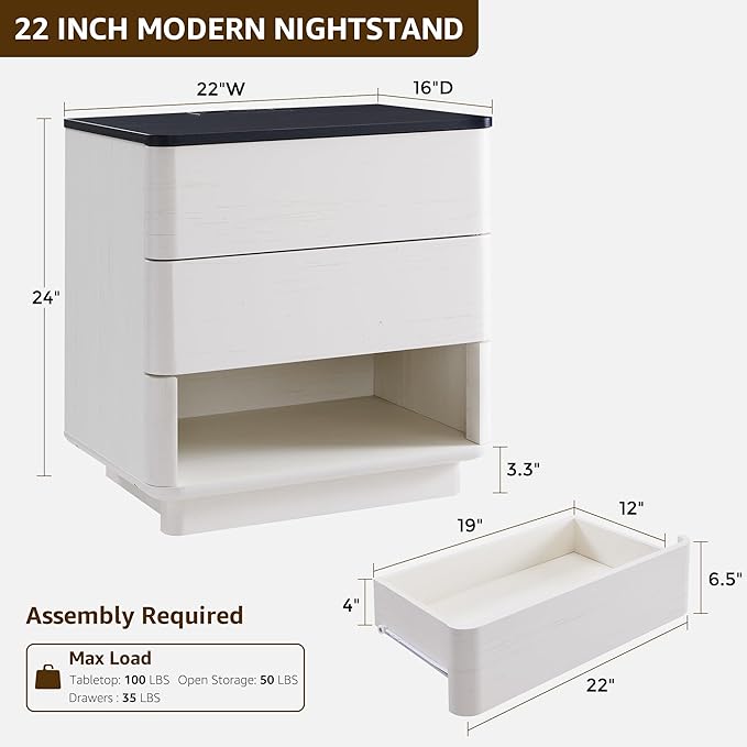 Nightstand Set of 2 with Charging Station, 22