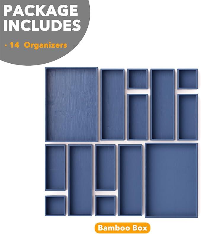 SpaceAid 14-Piece Bamboo Drawer Organizer Storage Boxes Set, Wood Tray Junk Drawer Organizers Multi-Use Divider Bins for Kitchen, Bathroom, Office Desk and Makeup Organization (14 Pack, Navy Blue)