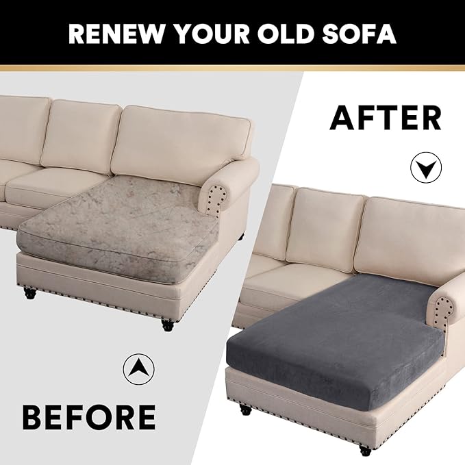 PrinceDeco Sectional Couch Covers Velvet Couch Cover for Dogs Washable L Shaped Couch Cover 1 Piece Individual Sectional Couch Covers with Elastic Bottom(Chaise Lounge,Grey)