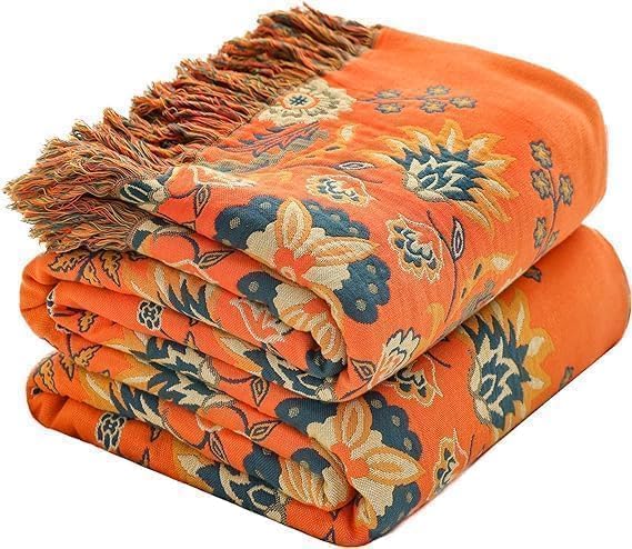 Throw Blanket for Couch Bed Chair,100% Cotton Soft Lightweight Blanket Rustic Quilt -Orange Floral Printed Farmhouse Decor Bed All Season Blankets,80