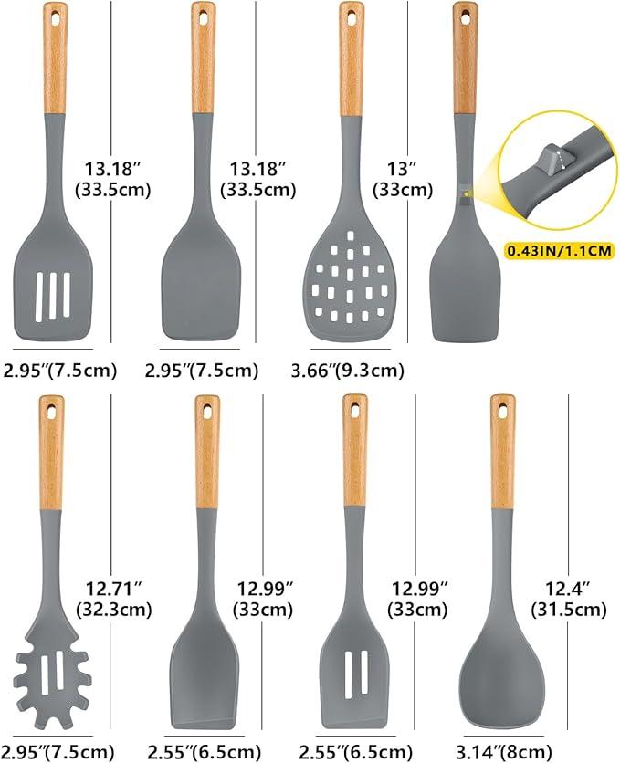 Silicone Kitchen Utensil Set for Non Stick Cookware, 7 Pcs Heat Resistant Cooking Utensils with Wooden Handle, BPA Free Kitchen Tools with Spatulas, Spoons, Skimmer and Pasta Fork (GRAY)