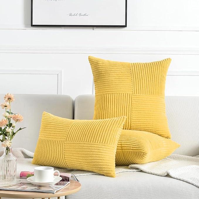 Fancy Homi 2 Packs Yellow Decorative Throw Pillow Covers 22x22 Inch for Living Room Couch Bed Sofa, Rustic Farmhouse Boho Home Decor, Soft Corss Corduroy Patchwork Accent Square Cushion Case 55x55 cm
