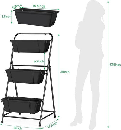 Raised Garden Bed 3 Tier Vertical Garden Planter Elevated Planter Boxes Outdoor Herb Planter with Drainage Holes Removable Tray for Patio Balcony Porch Black