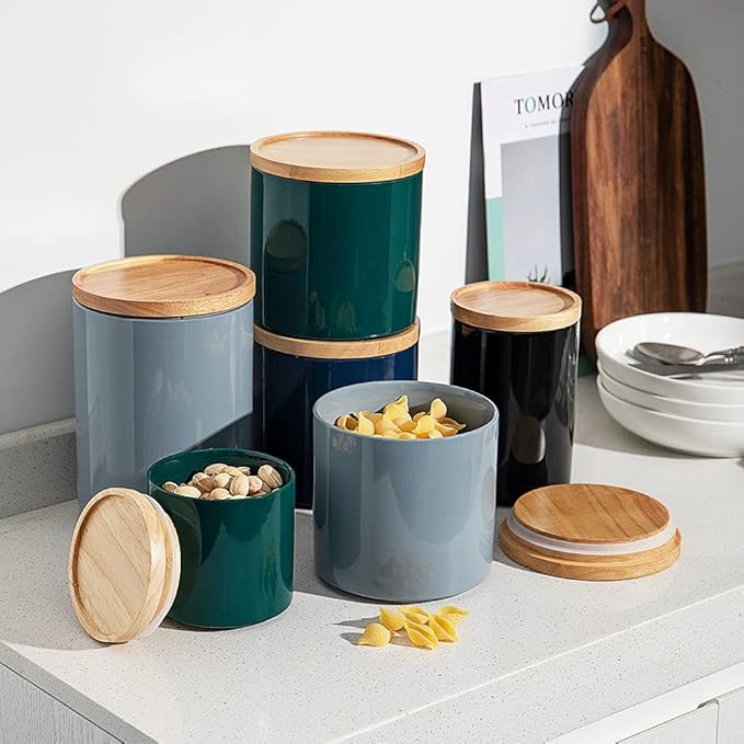 Sweejar Kitchen Canisters Ceramic Food Storage Jar, Stackable Containers with Airtight Seal Wooden Lid for Serving Coffee Bean, Flour, Tea, Spice and More - 39 Fl Oz (Jade)