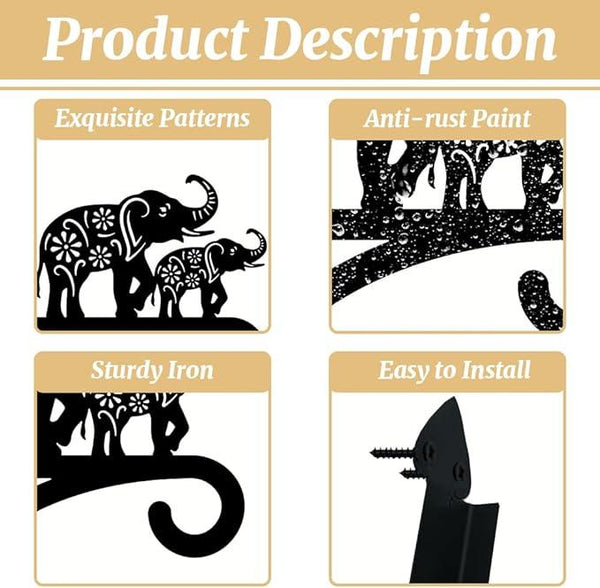 peacoblue Iron Plant Hangers Holder for Outdoor Indoor Hanging Plants Flower Fern Pots Lantern Bird Feeder Wind Chimes, 12”x14” Weather Resistant Metal Wall Hooks for Porch Garden Farmhouse(Elephant)