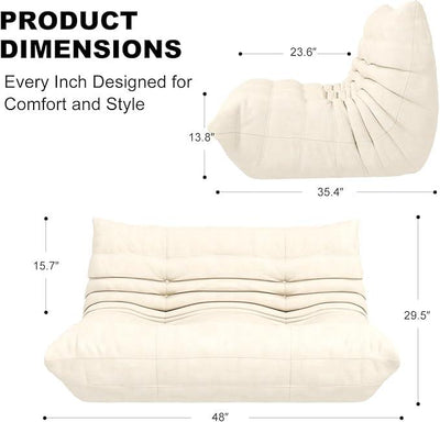 Full Foam Loveseat Sofa,Adults Bean Bag Chairs Floor Couch with Soft Waterproof Fabric,Armless Fireside Lounge Chair for Living Room,Apartment and Office (Whtie)