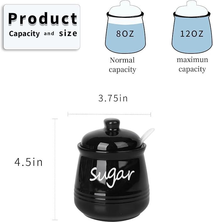 HAOTOP 12oz Sugar Bowl with Lid and Spoon,Ceramic Sugar Jar Sugar Dispenser Sugar Container Coffee Bar Accessories, Kitchen Countertop Canisters, Black