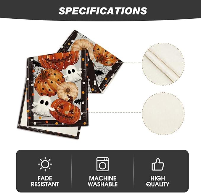 Artoid Mode Jack-O'-Lantern Pumpkin Ghost Spider Web Halloween Table Runner,Holiday Kitchen Dining Table Decoration for Home Party Decor 13 x 120 Inch