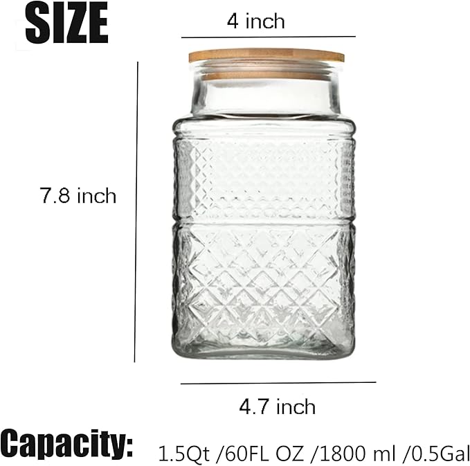 Large Glass Storage Jar, 60 FL OZ Glass Food Storage Containers with Bamboo Lid, Kitchen Containers Cereal Canisters Decorative Jar for Candy Snack Cookies Coffee Tea Nuts Airtight Glass Jars (Square)