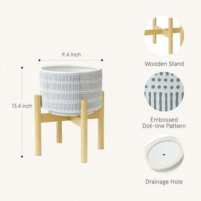 LA JOLIE MUSE Ceramic Plant Pot with Wood Stand - 9.4 Inch Modern Round Decorative Flower Pot Indoor with Wood Planter Holder, Slate Blue and White