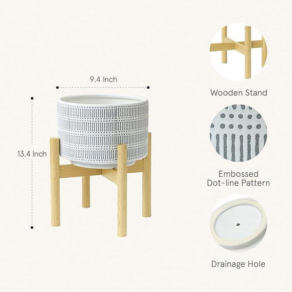 LA JOLIE MUSE Ceramic Plant Pot with Wood Stand - 9.4 Inch Modern Round Decorative Flower Pot Indoor with Wood Planter Holder, Slate Blue and White