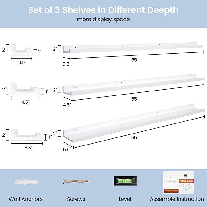 Picture Ledge Shelf for Wall, 56 inches Solid Pine Wood Nursery Book Shelves 3 Packs, Floating Ledge Shelves for Kids' Room Bedroom Bathroom Long Floating Shelves for Wall Nursey Wall Decor, White