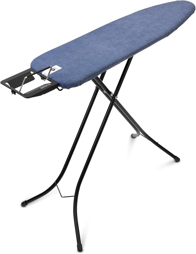 Brabantia Size A Compact Small Ironing Board (43x12 in) 7 Height Options, Adjustable Steam Iron Rest Holder (Denim Blue) Non-Slip Feet, Anti-Collapse Child Locks