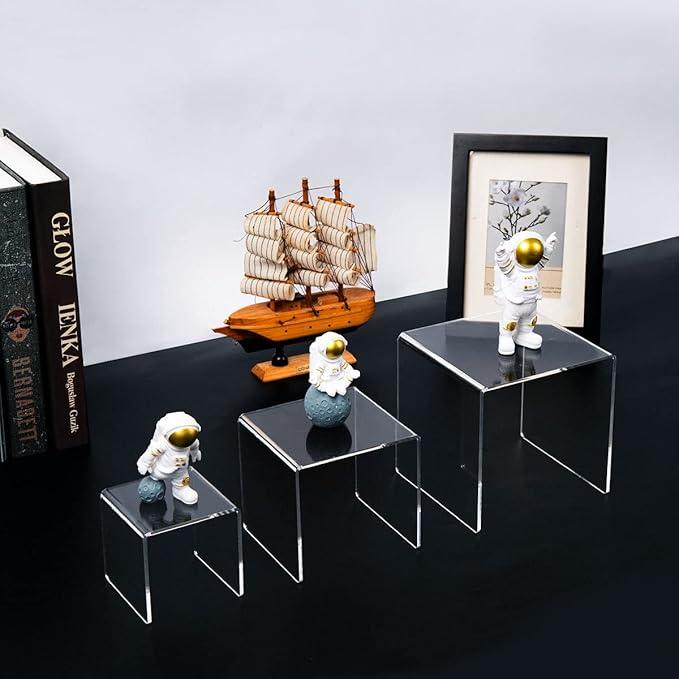 HIIMIEI Clear Acrylic Display Risers 2 Sets, 3-Tier Risers Stands Showcase for Amiibo Funko Pop Figures, Dessert, Jewelry-3