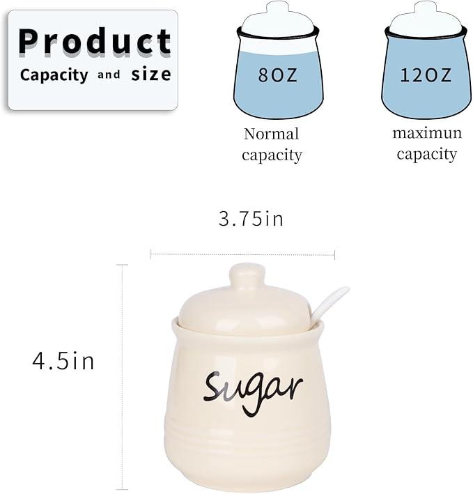 HAOTOP 12oz Sugar Bowl with Lid and Spoon,Ceramic Sugar Jar Sugar Dispenser Sugar Container Coffee Bar Accessories, Kitchen Countertop Canisters, Beige