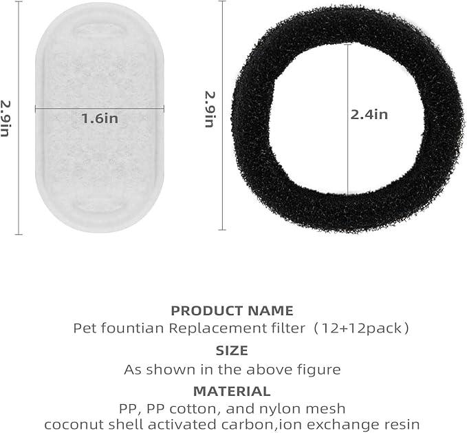 Cat Water Fountain Filter Compatible with Stainless Steel Dispenser, Efficient Filtration with Coconut Shell Activated Carbon and Fresh Water (12 Filters+12 Sponges)
