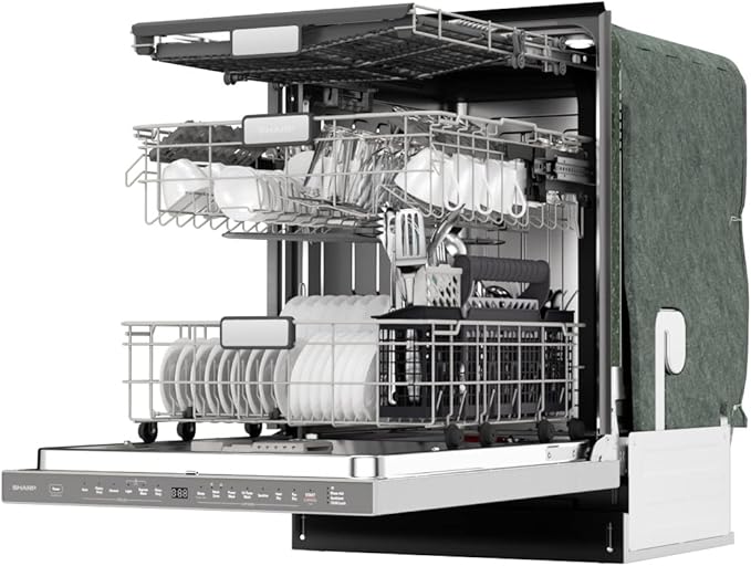SHARP SDW6767HS Smart Dishwasher Works with Alexa. Includes LED Interior lights, Stainless Steel interior, Heated Dry with Fan Assist, Wash Zone cleans half load on either rack, Adjustable Third Rack
