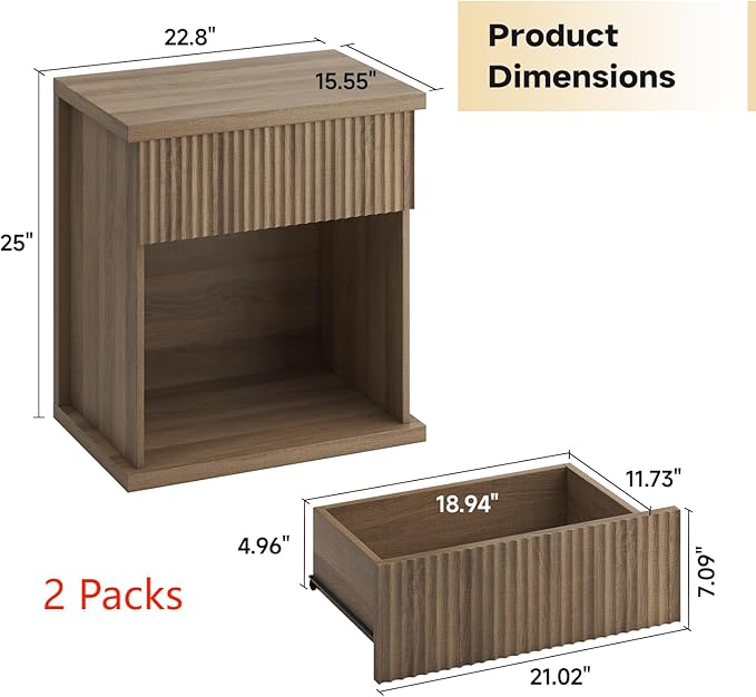 Fluted Nightstand Set of 2, 22.8
