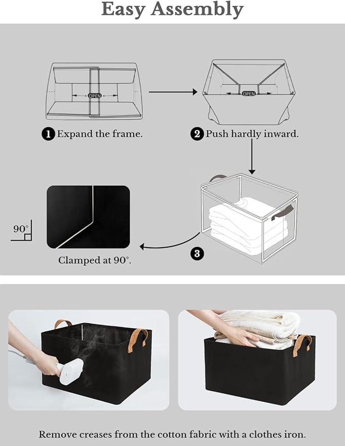 StorageWorks Storage Bins, Fabric Storage Bins for Shelves, Large Storage Baskets with Metal Frame, Closet Baskets and Bins with Handles, Black, 2-Pack