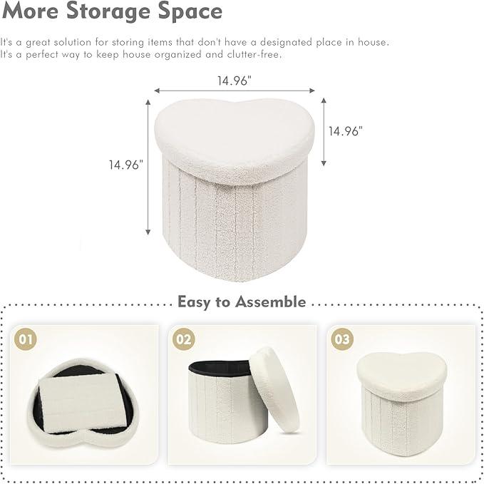 B FSOBEIIALEO Storage Ottoman Cube, Heart Shaped Ottomans with Storage Foot Stool Footrest for Lving Room, Boucle Ottoman Seat for Dorm Room,Faux Teddy Fur, Cream White 15