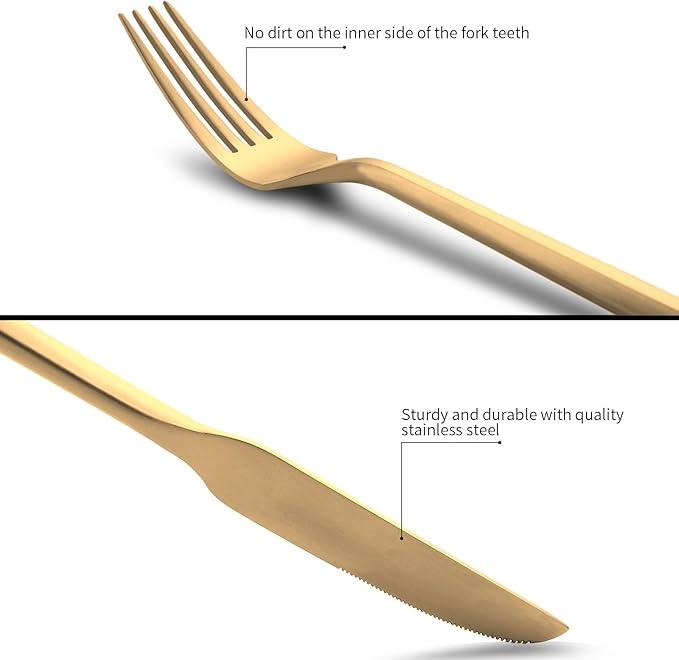 60-Piece Matte Gold Silverware Set, Hand Forged Utensil, Stainless Steel Flatware Set, Hexagon Handle Cutlery Set for Home Hotel Use, Service for 12