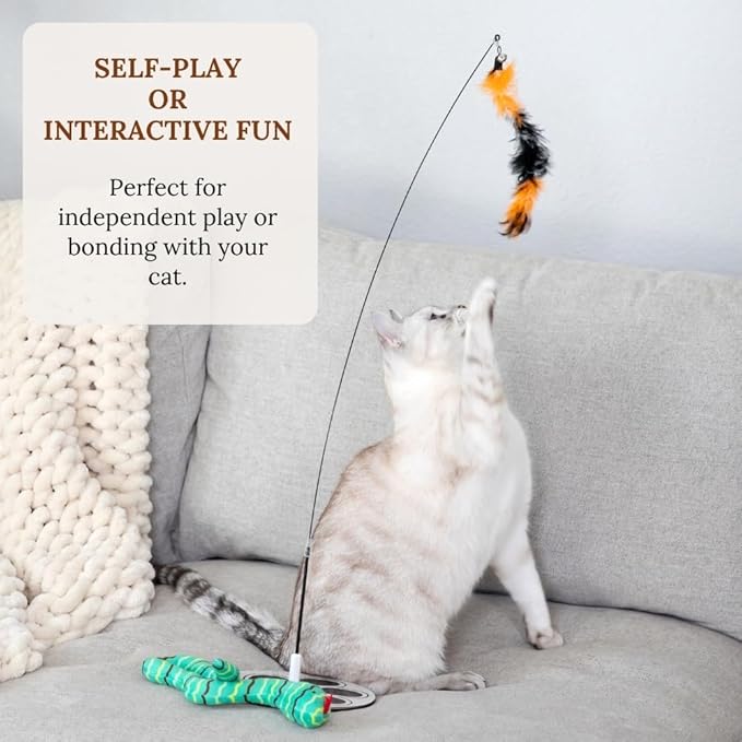 Cat Wand Toy with Round Base – Interactive Feather & Glow-in-The-Dark Octopus Attachments – Suction Cup Cat Toy for Indoor Cats & Kittens