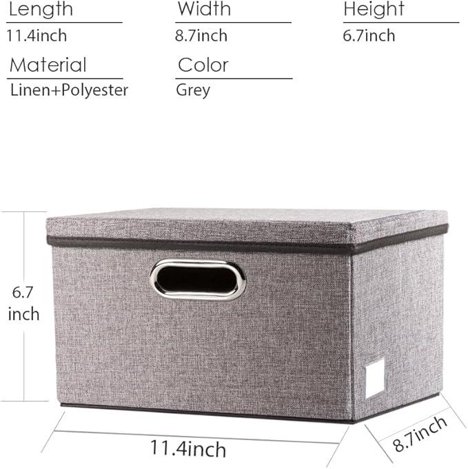 PRANDOM Storage Bins with Lids [3-Pack] Linen Fabric Foldable Storage Boxes Organizer Containers Baskets Cube with Cover for Home Bedroom Closet Office Nursery Grey（11.4X8.6X6.7