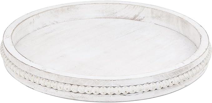 Round Wood Serving Tray with Beads, White Washed Wooden Decorative Tray for Entertaining, Decoration, and Gifting