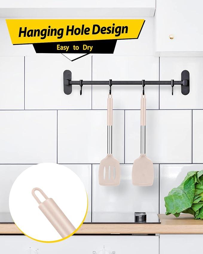 Pack of 2 Silicone Solid Turner, Non Stick Slotted Kitchen Spatulas, High Heat Resistant BPA Free Cooking Utensils, Ideal Cookware for Fish, Eggs, Pancakes(Stainless Steel Khaki)