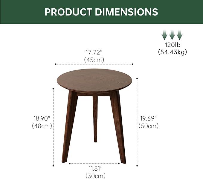 100% Solid Oak Round Side Table Set of 2, Small Bedside Table for Small Spaces, Living Room End Table with Stable Frame, Modern Nightstand for Bedroom Couch(Walnut, 17.71